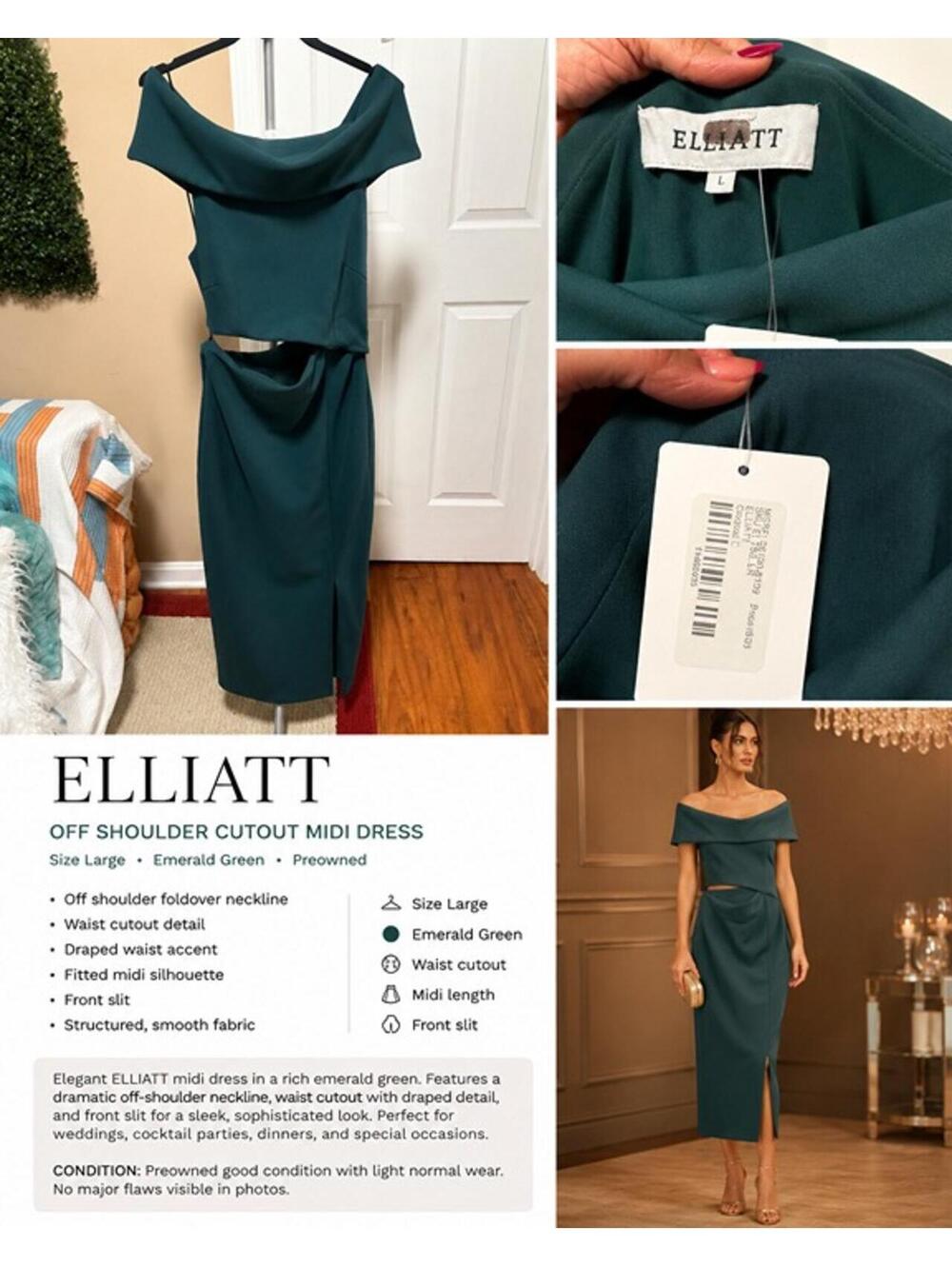 DressELLIATT Emerald Green Cocktail Midi Dress Cutout Size L